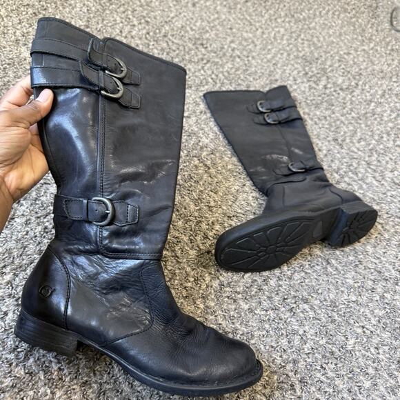 Born Boots Womens 9 Attila Tall Riding Black Leather Side Zip Buckle Strap - Picture 3 of 10
